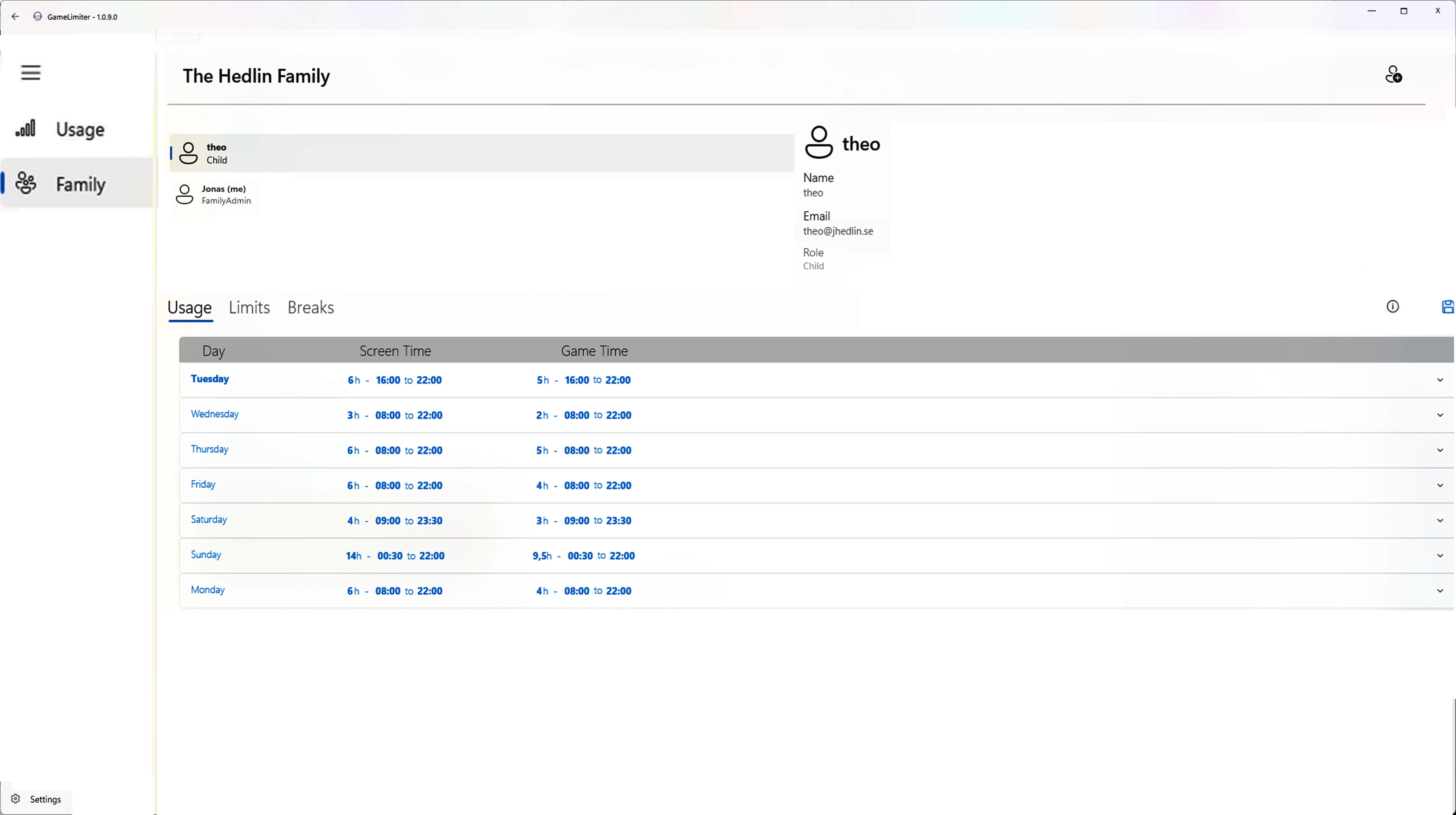 Game Limiter Windows App interface showing usage limits