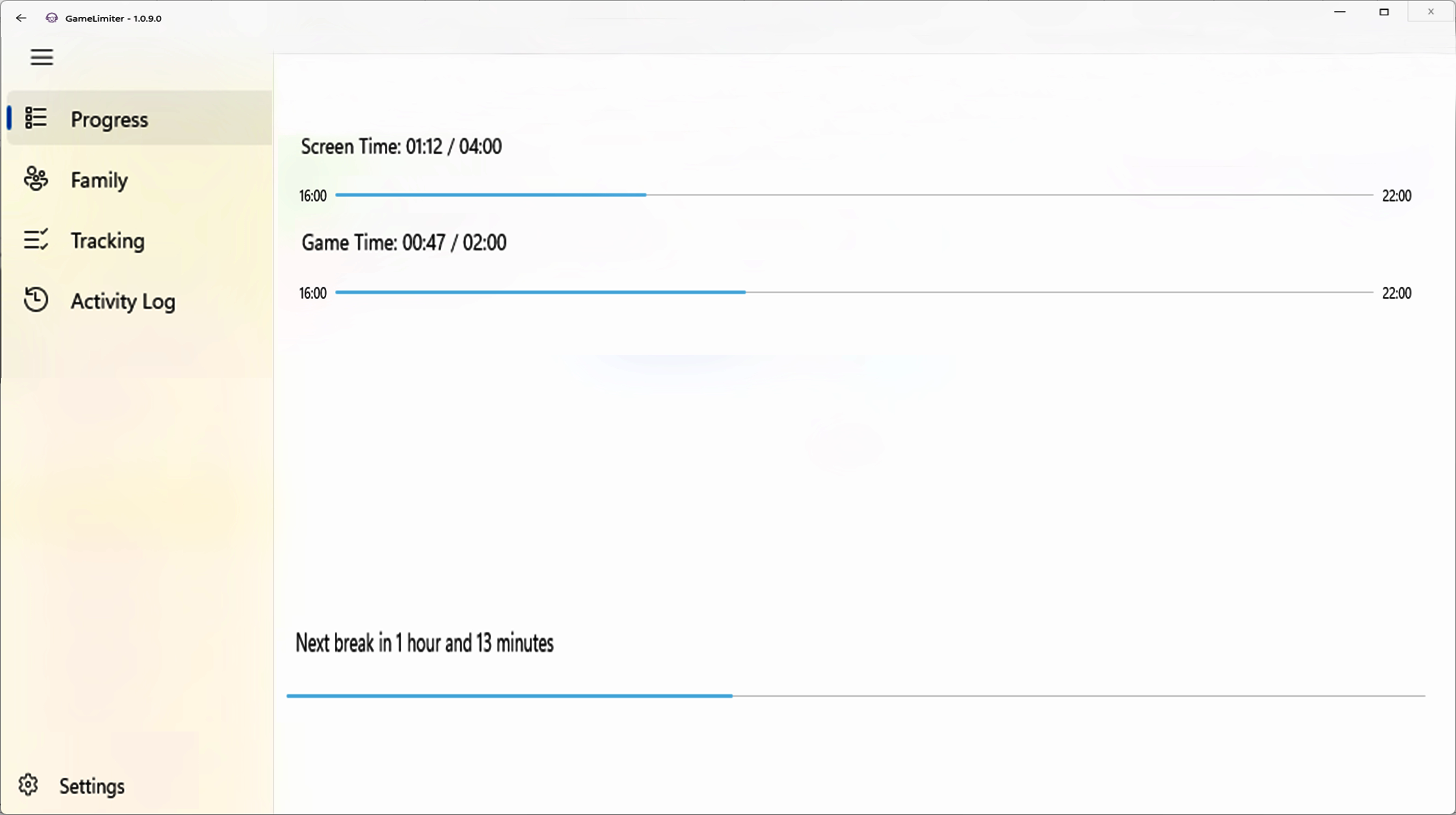 Game Limiter Windows App interface showing progress view